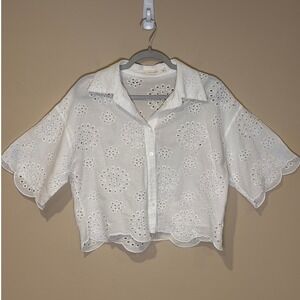 Ellison Womens Eyelet Cropped Blouse White Large Cottagecore Coastal Boho